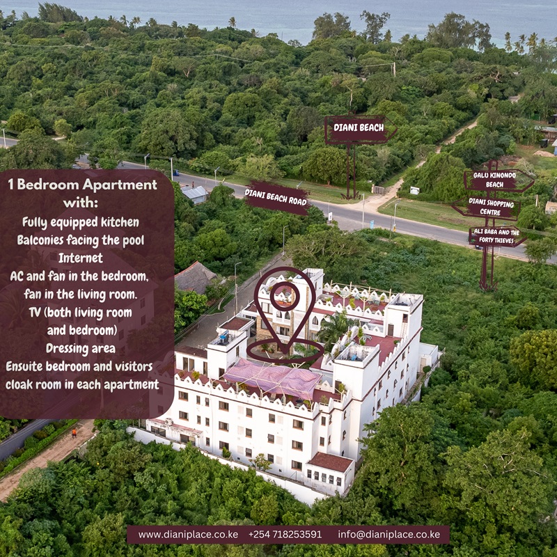 Located just minutes away from Diani Beach, one of Kenya's most renowned coastal destinations, Diani Place Apartments offers you easy access to: